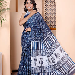 Elegant Indigo Blue Hand Block Printed Cotton Saree