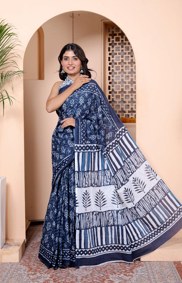 Elegant Indigo Blue Hand Block Printed Cotton Saree