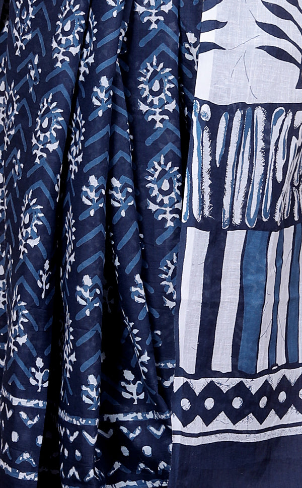 Elegant Indigo Blue Hand Block Printed Cotton Saree