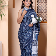 Elegant Indigo Blue Hand Block Printed Cotton Saree