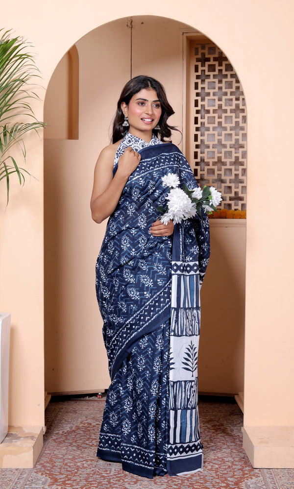 Elegant Indigo Blue Hand Block Printed Cotton Saree
