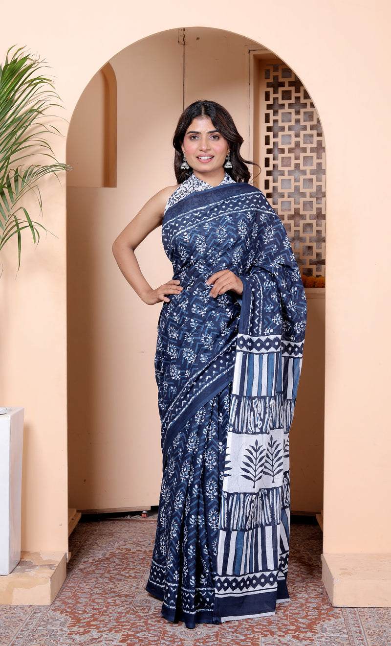 Elegant Indigo Blue Hand Block Printed Cotton Saree