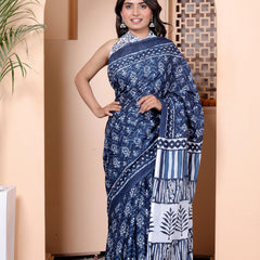 Elegant Indigo Blue Hand Block Printed Cotton Saree