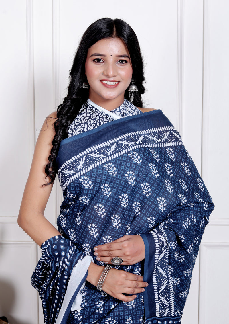 Elegant Beige Hand Block Printed Cotton Saree with Tribal Design
