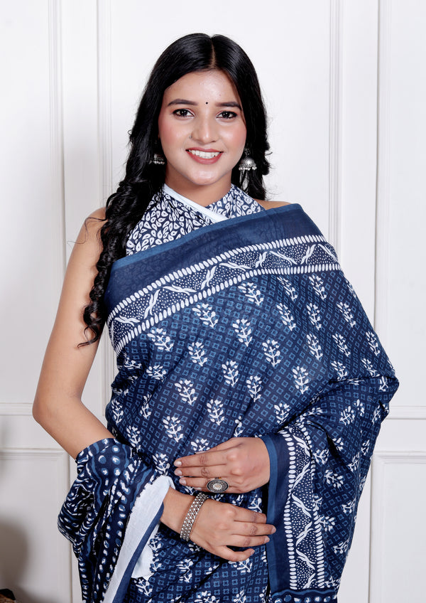 Indigo Handblock Cotton Saree with White Booti Print