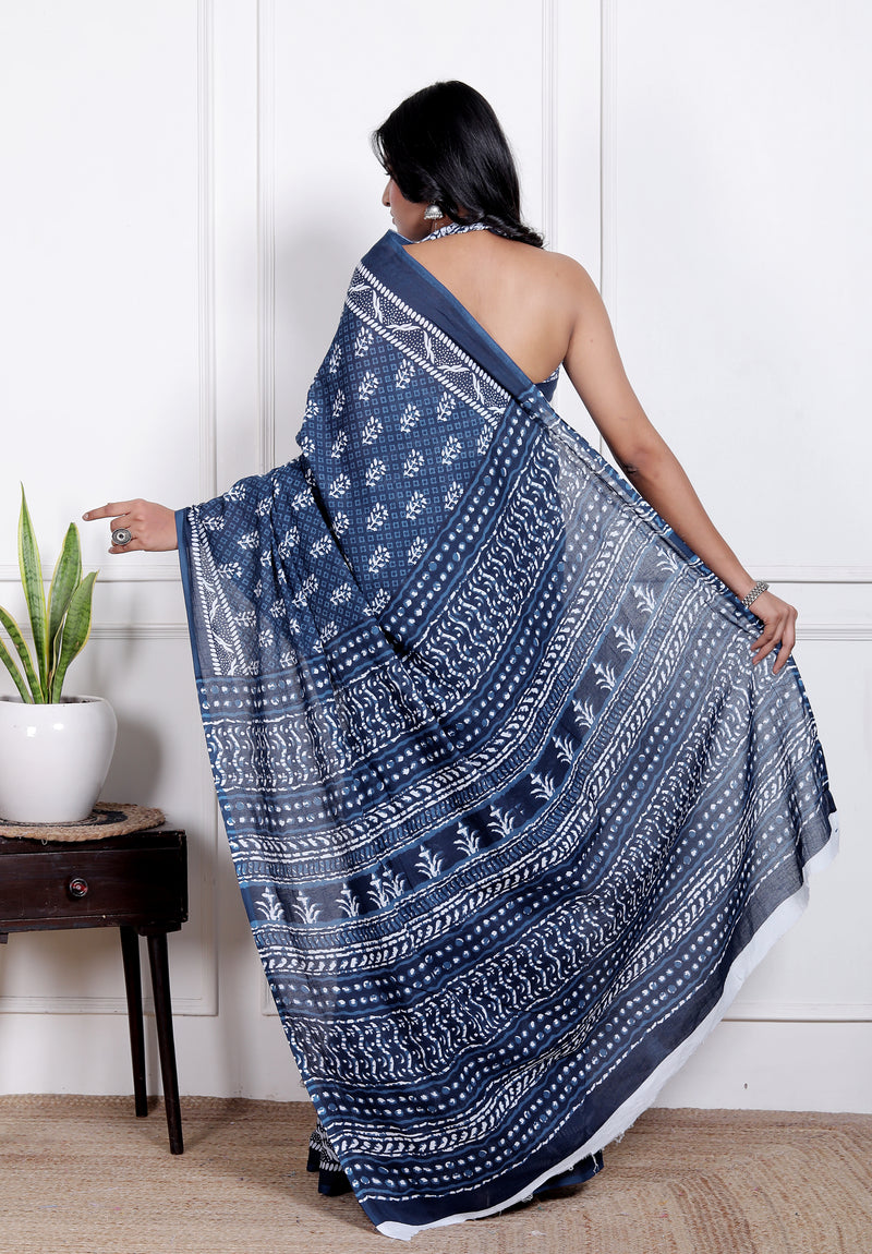 Elegant Beige Hand Block Printed Cotton Saree with Tribal Design