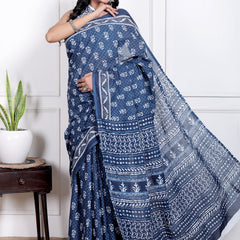 Elegant Beige Hand Block Printed Cotton Saree with Tribal Design