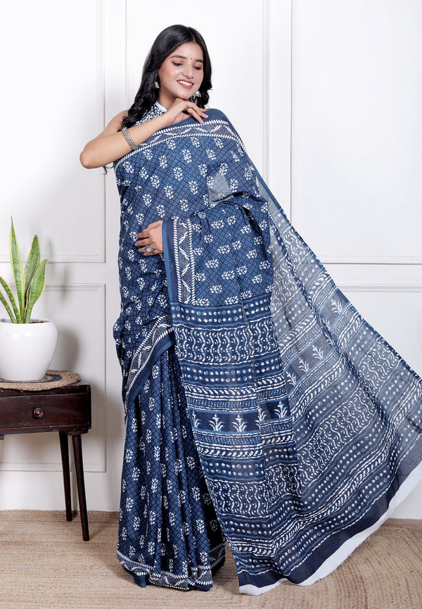 Indigo Handblock Cotton Saree with White Booti Print