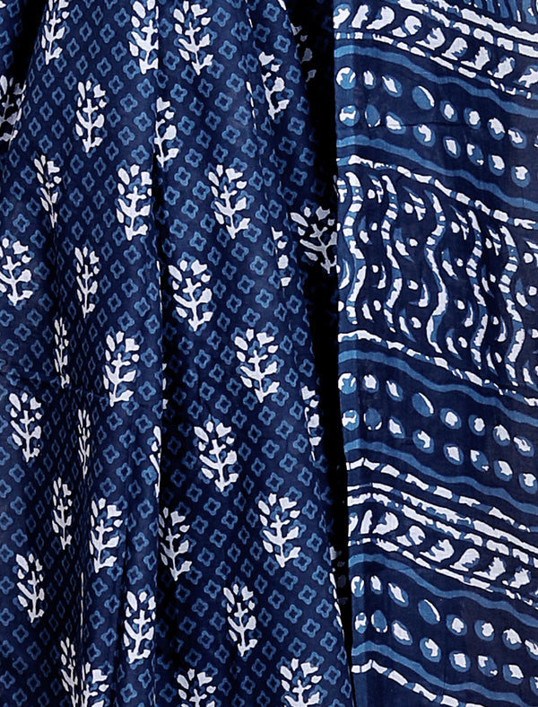 Indigo Handblock Cotton Saree with White Booti Print