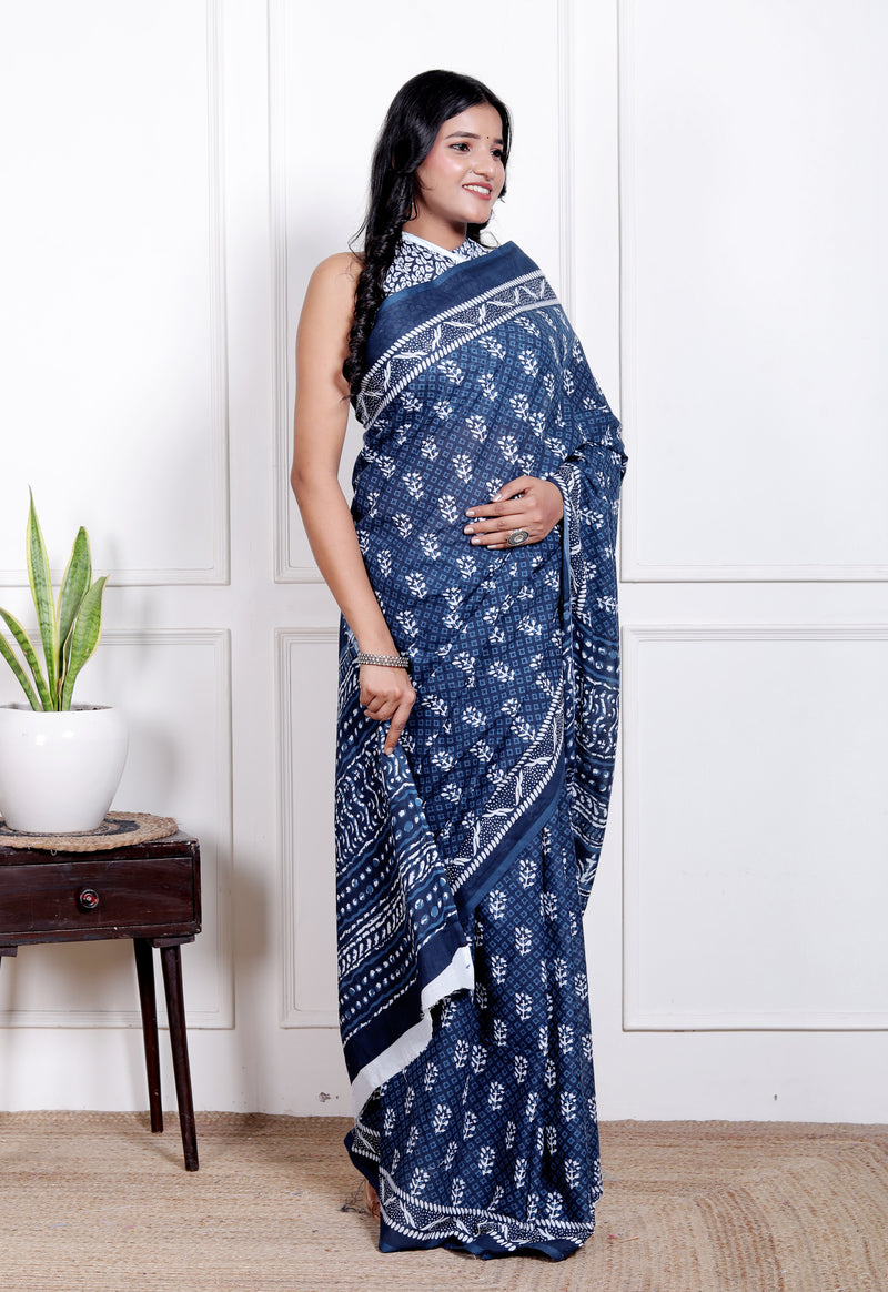 Elegant Beige Hand Block Printed Cotton Saree with Tribal Design