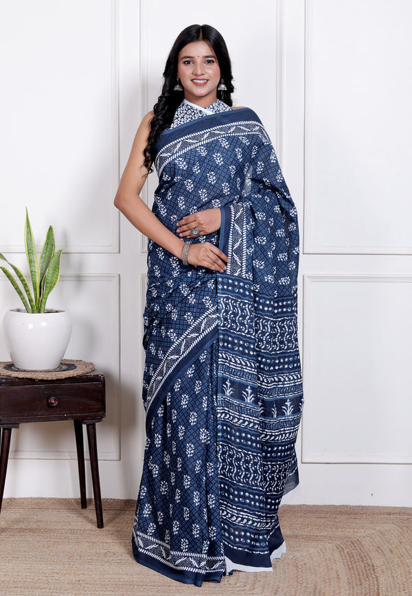 Indigo Handblock Cotton Saree with White Booti Print