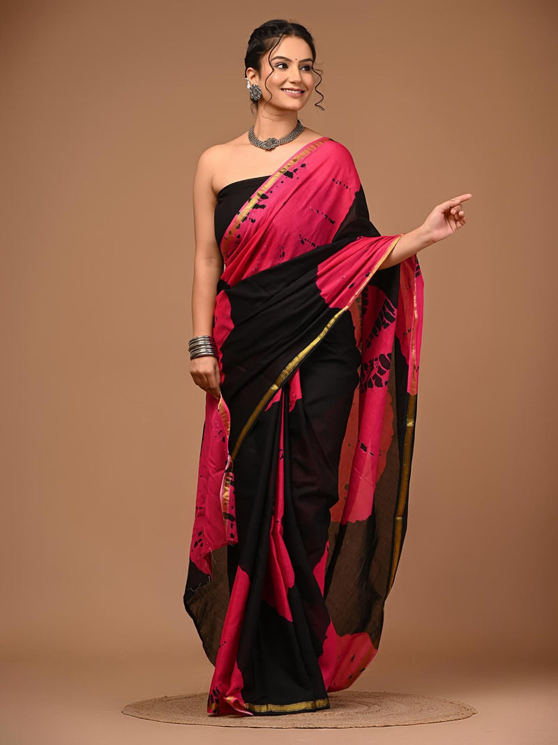 Elegant Pink & Black Shibori Style Printed Saree with Golden Border