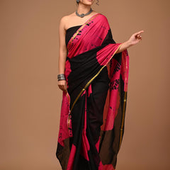 Elegant Pink & Black Shibori Style Printed Saree with Golden Border