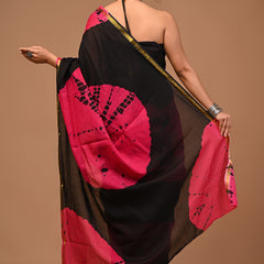 Elegant Pink & Black Shibori Style Printed Saree with Golden Border