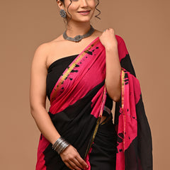 Elegant Pink & Black Shibori Style Printed Saree with Golden Border