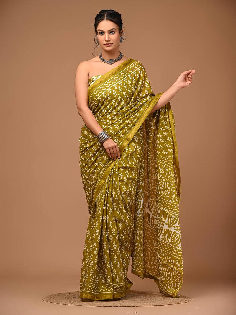 Olive Soft Zari Cotton Mulmul Vanaspati Ajrakh Printed Saree With Zari Cotton Blouse Piece For Women