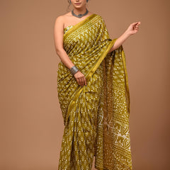 Olive Soft Zari Cotton Mulmul Vanaspati Ajrakh Printed Saree With Zari Cotton Blouse Piece For Women