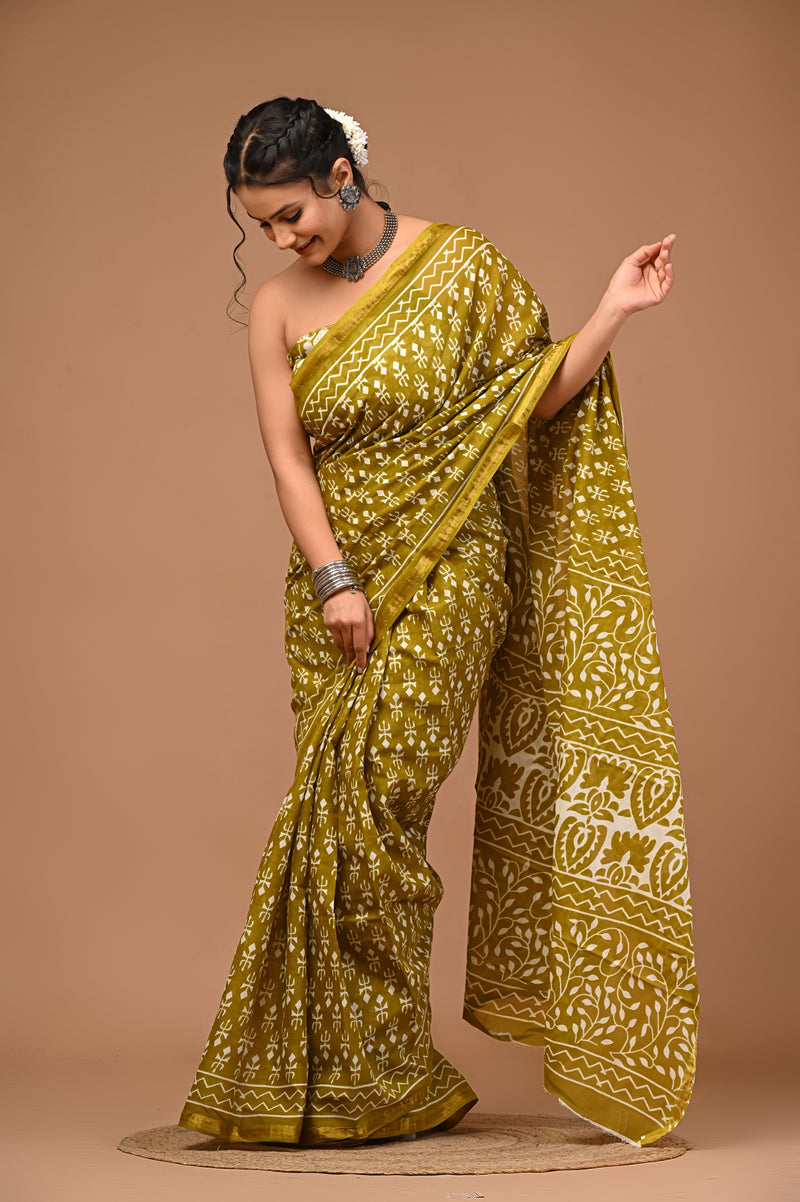 Olive Soft Zari Cotton Mulmul Vanaspati Ajrakh Printed Saree With Zari Cotton Blouse Piece For Women