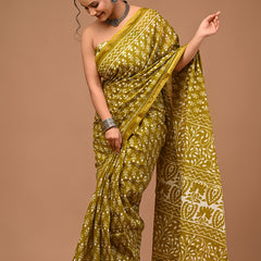 Olive Soft Zari Cotton Mulmul Vanaspati Ajrakh Printed Saree With Zari Cotton Blouse Piece For Women