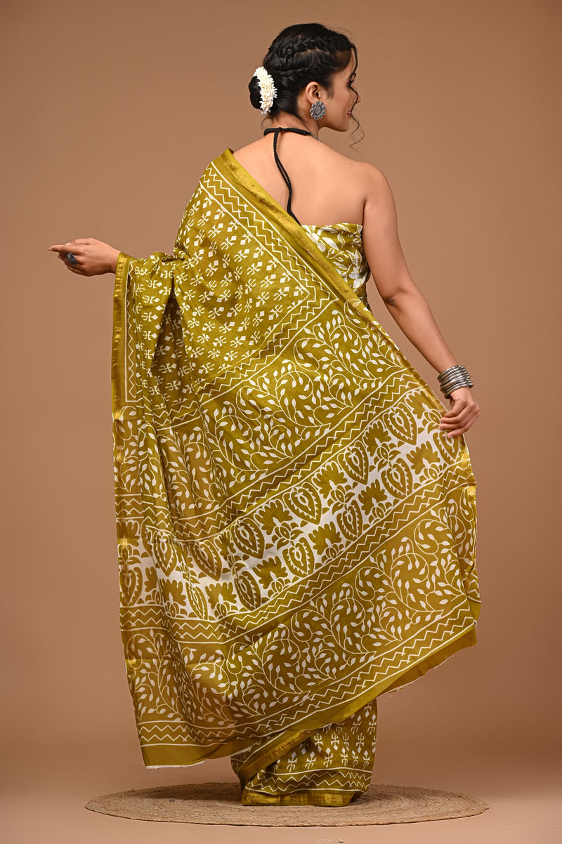 Olive Soft Zari Cotton Mulmul Vanaspati Ajrakh Printed Saree With Zari Cotton Blouse Piece For Women
