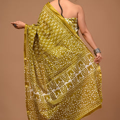 Olive Soft Zari Cotton Mulmul Vanaspati Ajrakh Printed Saree With Zari Cotton Blouse Piece For Women