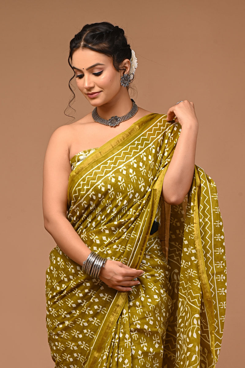 Olive Soft Zari Cotton Mulmul Vanaspati Ajrakh Printed Saree With Zari Cotton Blouse Piece For Women