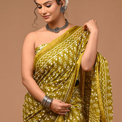 Olive Soft Zari Cotton Mulmul Vanaspati Ajrakh Printed Saree With Zari Cotton Blouse Piece For Women