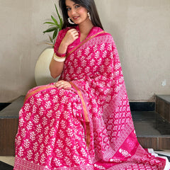 Elegant Pink Hand Block Printed Cotton Saree with Golden Border