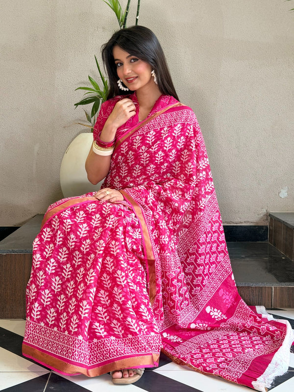 Elegant Pink Hand Block Printed Cotton Saree with Golden Border
