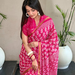 Elegant Pink Hand Block Printed Cotton Saree with Golden Border