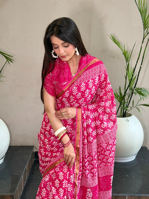 Elegant Pink Hand Block Printed Cotton Saree with Golden Border