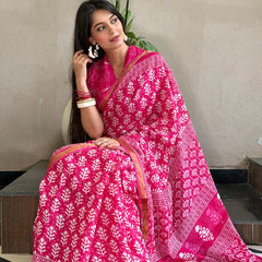 Elegant Pink Hand Block Printed Cotton Saree with Golden Border