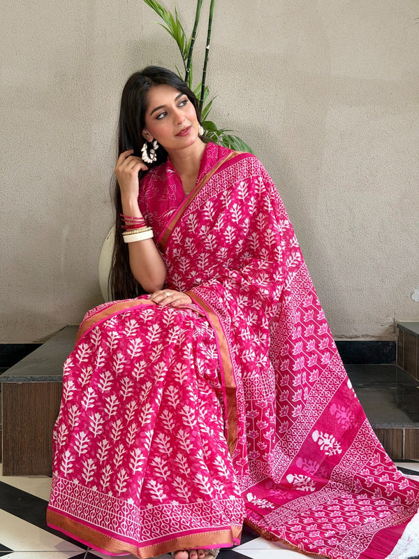 Elegant Pink Hand Block Printed Cotton Saree with Golden Border