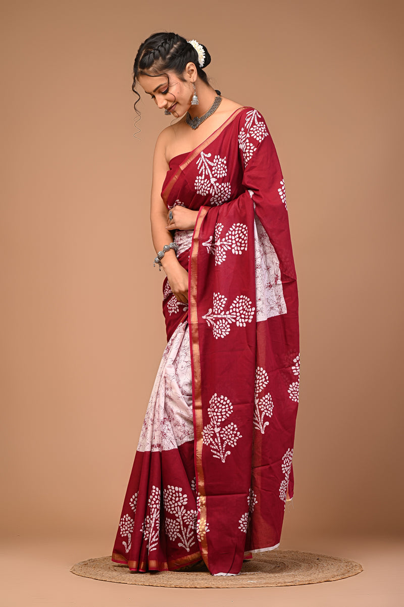 Maroon Soft Zari Cotton Mulmul Vanaspati Ajrakh Printed Saree With Zari Cotton Blouse Piece For Women