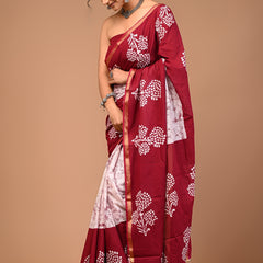 Maroon Soft Zari Cotton Mulmul Vanaspati Ajrakh Printed Saree With Zari Cotton Blouse Piece For Women