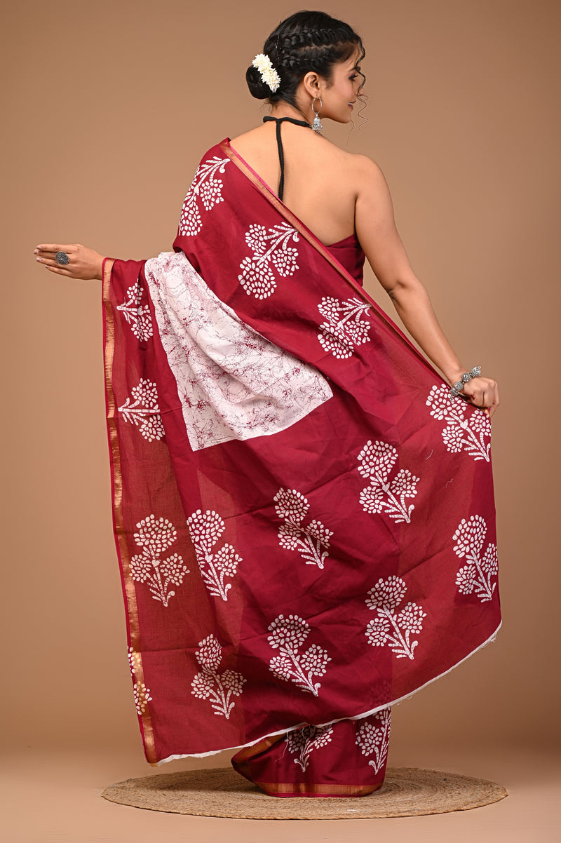 Maroon Soft Zari Cotton Mulmul Vanaspati Ajrakh Printed Saree With Zari Cotton Blouse Piece For Women