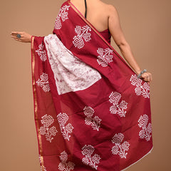 Maroon Soft Zari Cotton Mulmul Vanaspati Ajrakh Printed Saree With Zari Cotton Blouse Piece For Women