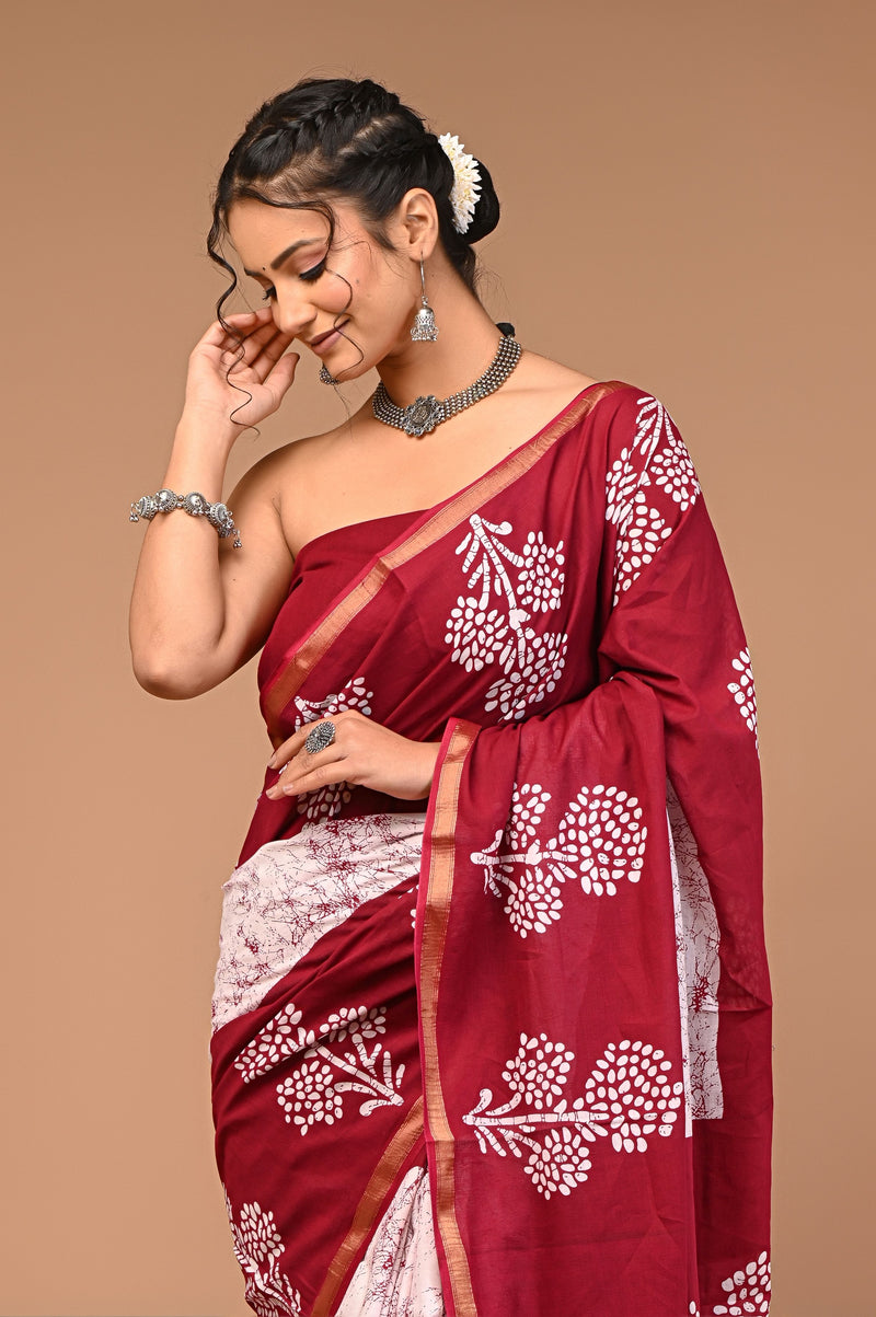 Maroon Soft Zari Cotton Mulmul Vanaspati Ajrakh Printed Saree With Zari Cotton Blouse Piece For Women