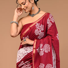 Maroon Soft Zari Cotton Mulmul Vanaspati Ajrakh Printed Saree With Zari Cotton Blouse Piece For Women